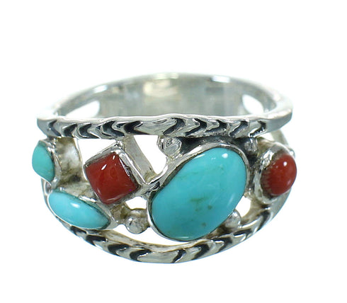 Southwest Sterling Silver Coral Turquoise Jewelry Ring Size 6-1/2 AX82096